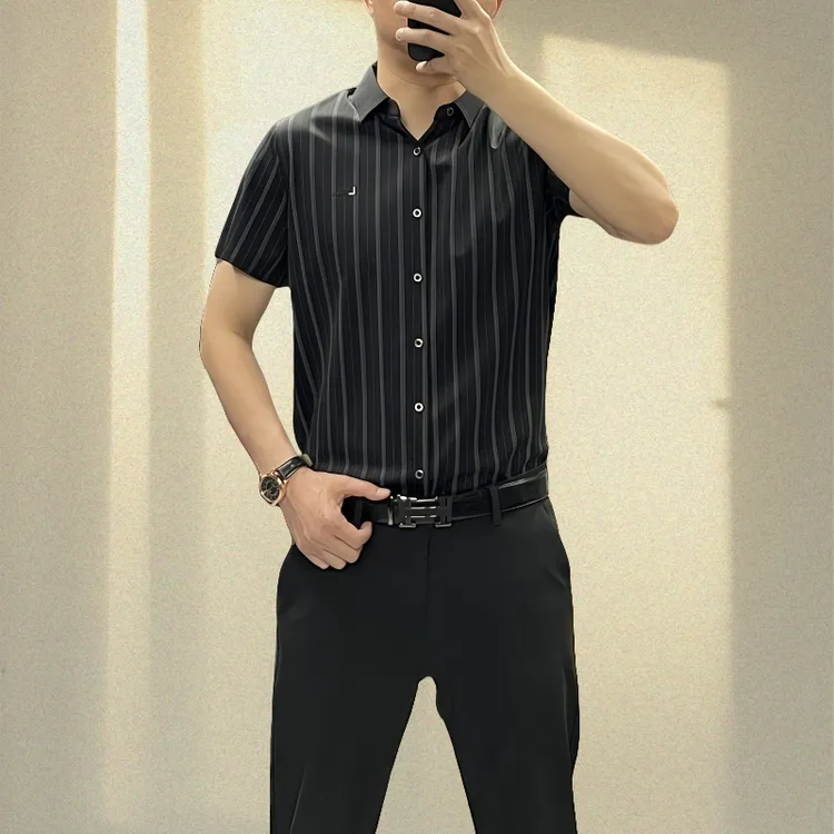 【赠送运费险】夏季高档男士凉感冰丝短袖衬衫宽松弹力无痕免烫衬衣