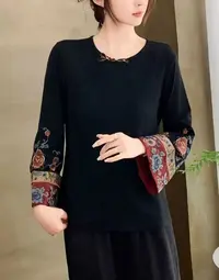 9911#秋季新款新中式《云影低吟》女士时尚潮流百搭刺绣长袖上衣