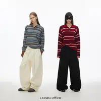 LOALA OFFICE复古撞色Polo领羊毛桑蚕丝条纹针织衫