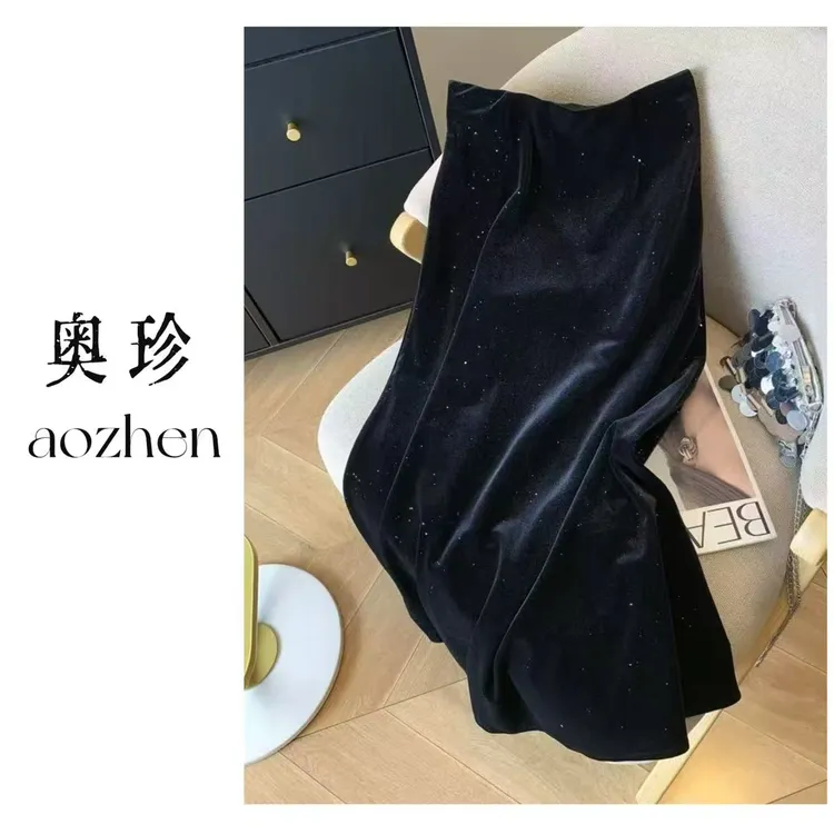 YI NUO秋冬亮片丝绒高级感名媛高端a字松紧腰丝绒半裙