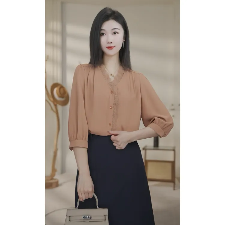 【小北甄选】流光风8592386橘红色衬衫女长袖气质时尚小众法式衬衣