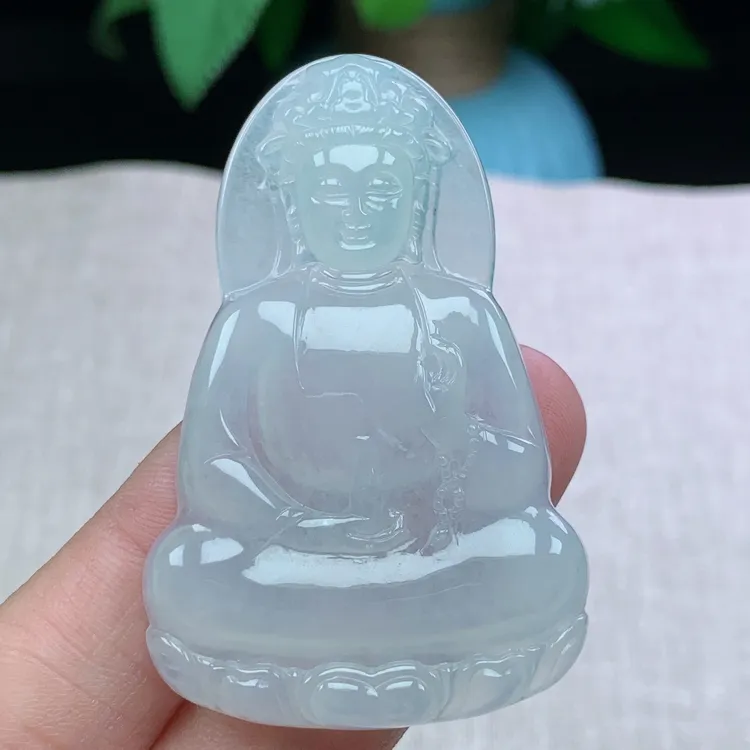 y缅甸天然翡翠A货56.6-37.2-5.6玉石老坑冰种白冰素衣观音吊坠