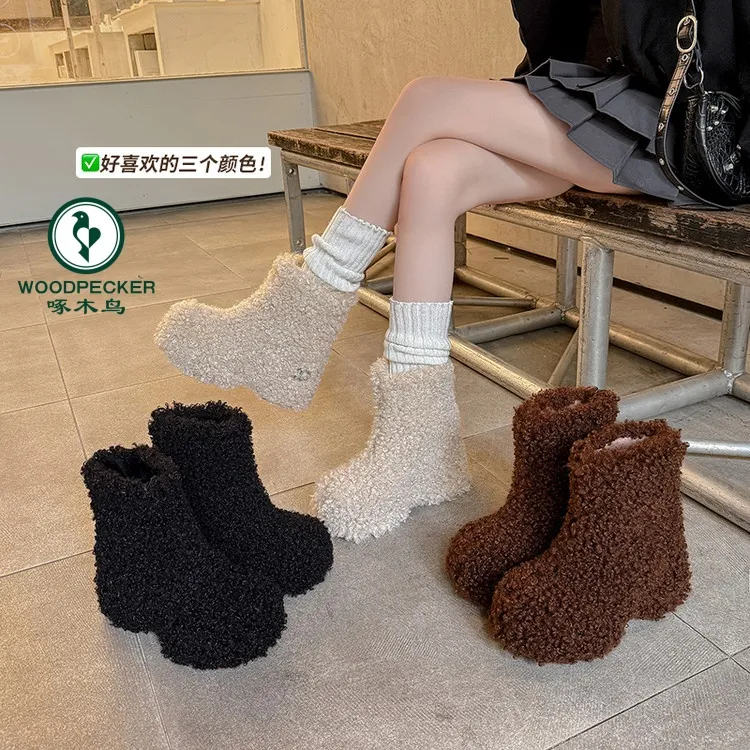 啄木鸟8.5cm辣妹厚底加绒雪地靴女2025冬季新款小众保暖毛毛短靴