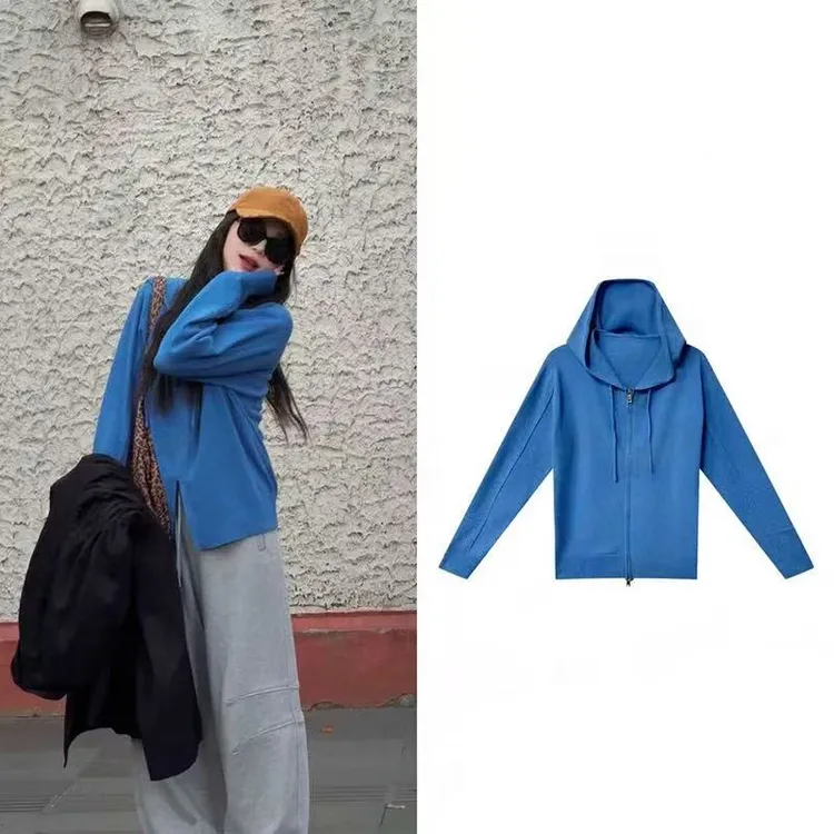 【现货】【布鲁克兰】咩毛莫代尔拉链设计感百搭蓝色连帽衣裤子套装