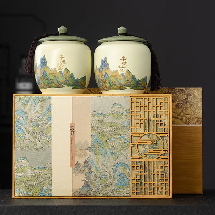中式茶叶礼盒包装高档陶瓷大容量密封存储茶叶罐礼盒空盒定制送礼