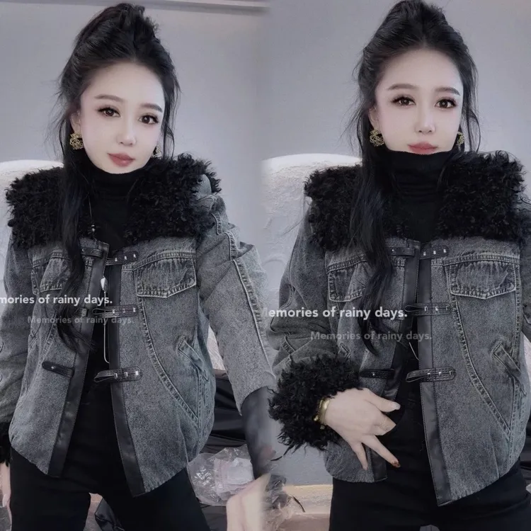 加绒牛仔外套女短款2025冬季新款港风时尚洋气加厚保暖棉衣休闲服
