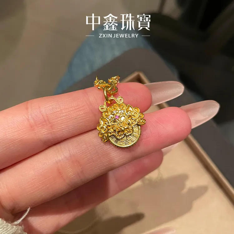 ZxIn/中鑫珠宝 天禄执财黄金项链足金镶嵌貔貅铜钱吊坠新中式编绳