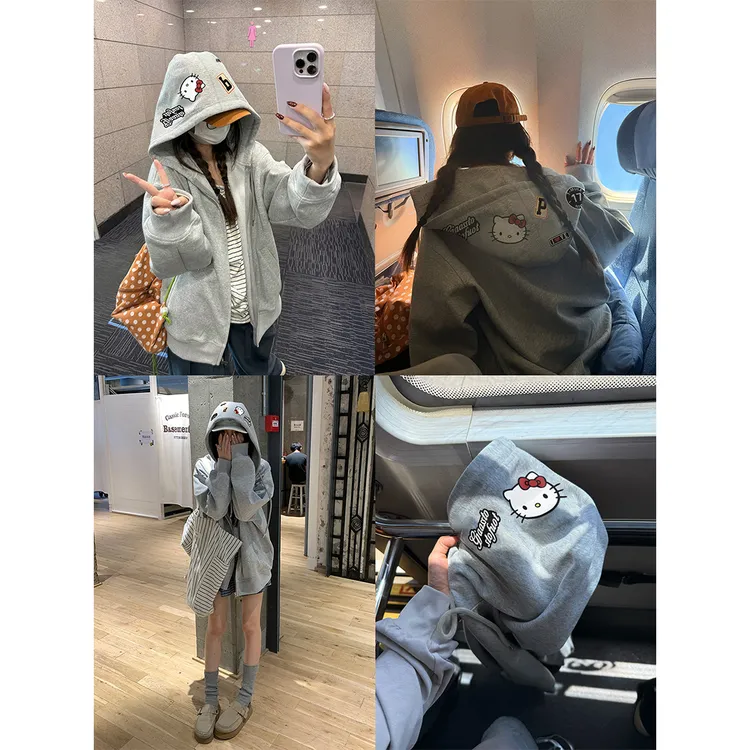 FOPJ早秋灰色系kitty慵懒风连帽衫卫衣外套女时尚开衫设计感上衣
