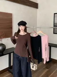 2025秋装新款胖mm大码女纯欲荷叶边不规则收腰显瘦长袖T恤A2506