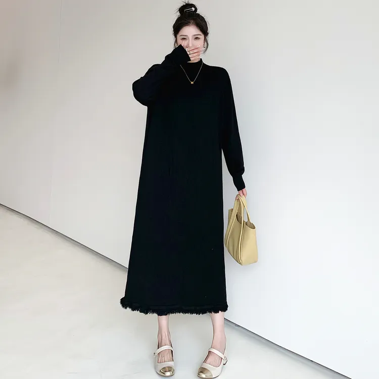 2025秋新款/流苏中领针织大码套头小黑裙大码连衣裙女