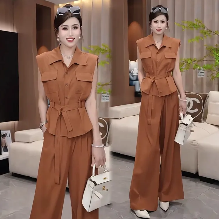 时尚套装女2025夏季新款时髦设计感显瘦无袖衬衫高腰阔腿裤两件套