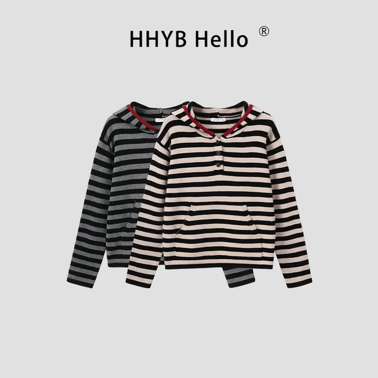 HHYB Hello2025秋冬美式复古感条纹针织卫衣宽松连帽毛衣女M1396