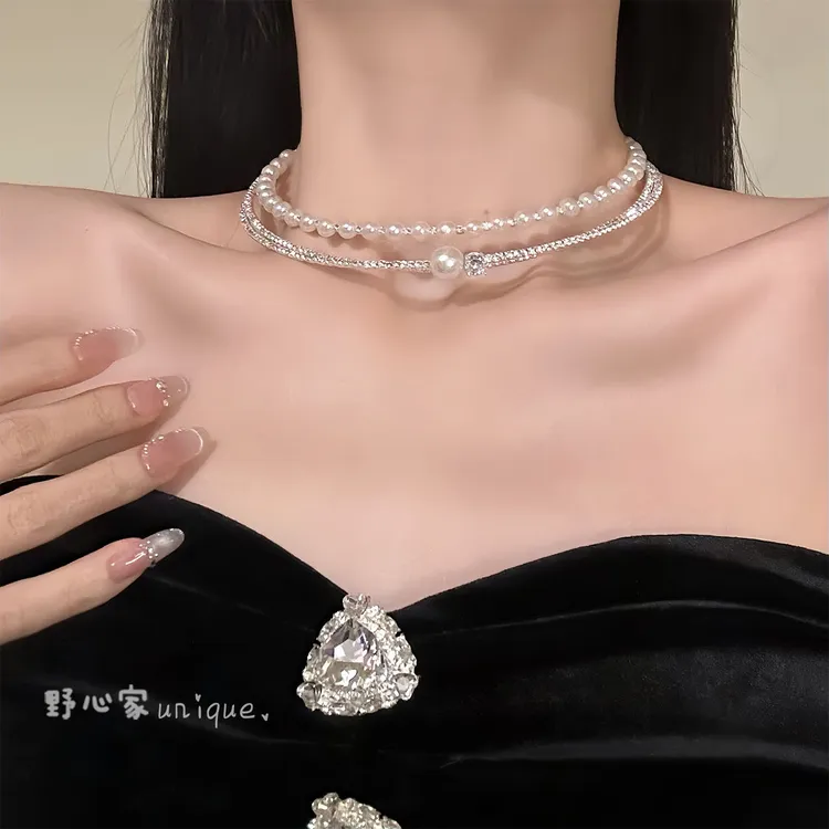 铜合金锆石项链 繁星璀璨~法式三层叠戴闪钻珍珠项圈女精致锁骨链