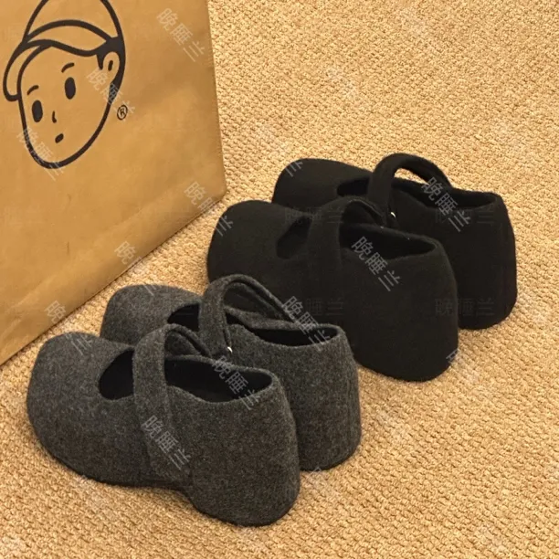 晚睡兰·内增高8cm厚底日系复古秋冬加绒昵子懒人一脚蹬勃肯棉鞋女