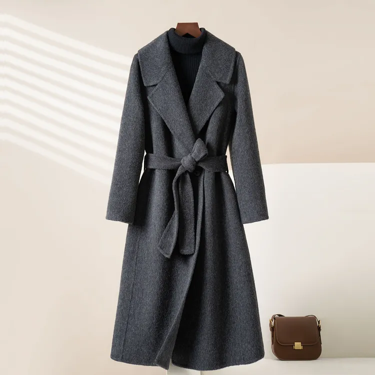 炭灰色双面羊绒大衣女长款秋冬新款加厚保暖大翻领修身羊毛呢外套