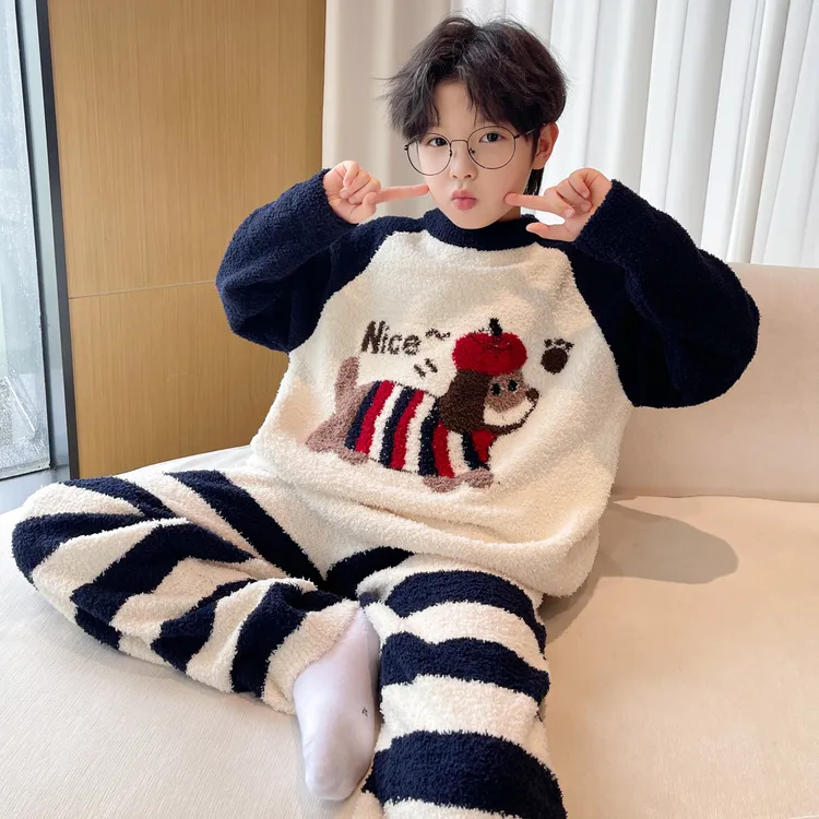 儿童睡衣秋冬男童软绵绵家居服2025秋季新款男孩半边绒套装保暖衣