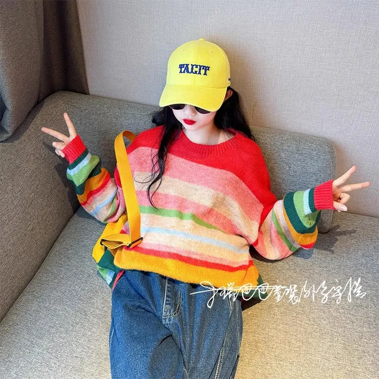女童韩系毛衣套装2025新款女孩秋季超好看条纹长袖儿童休闲牛仔裤