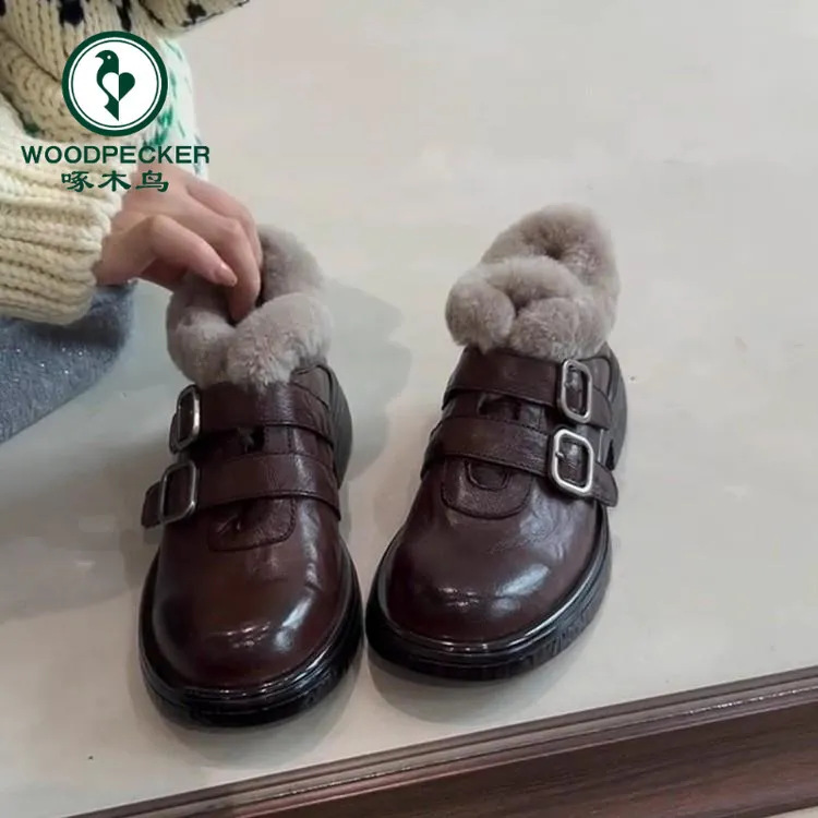 啄木鸟厚底加绒毛毛鞋女小皮鞋2025秋冬新款玛丽珍乐福棉鞋雪地靴