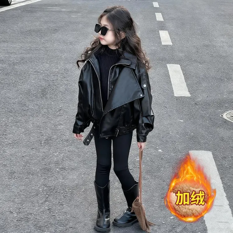 女童加绒皮衣秋冬2025新款儿童时髦摩登机车皮外套大童洋气皮夹克