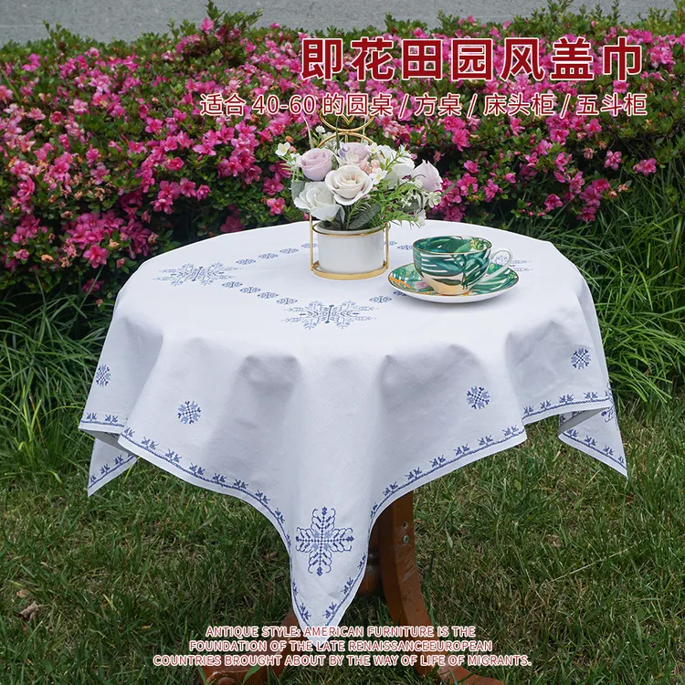 即花法式轻奢复古白蓝色盖布棉麻手工刺绣方餐桌茶几桌布BJ1186 