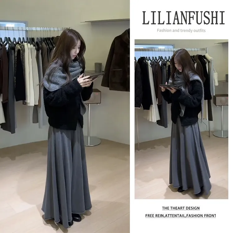 韩系穿搭2025秋冬新款百搭披肩纯色长袖上衣显瘦高腰半身裙三件套