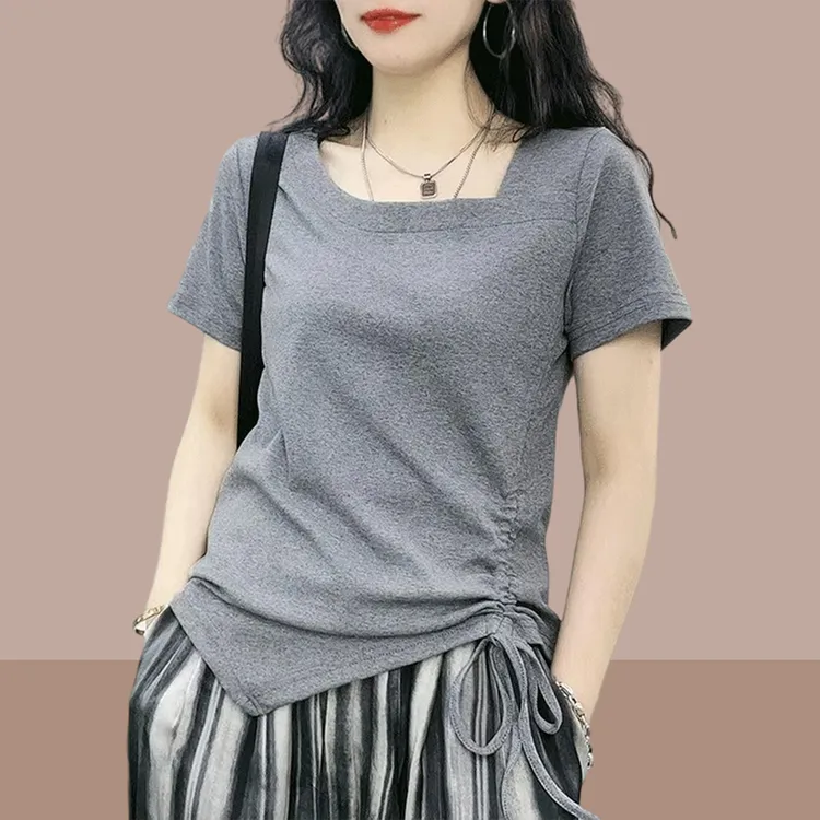 不规则抽绳短袖t恤女2025夏季新款短款小个子上衣服爆款女装休闲