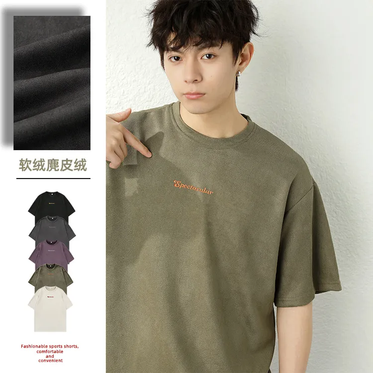 潮牌撞色印花麂短袖T恤男夏季新款美式复古情侣宽松圆领体恤