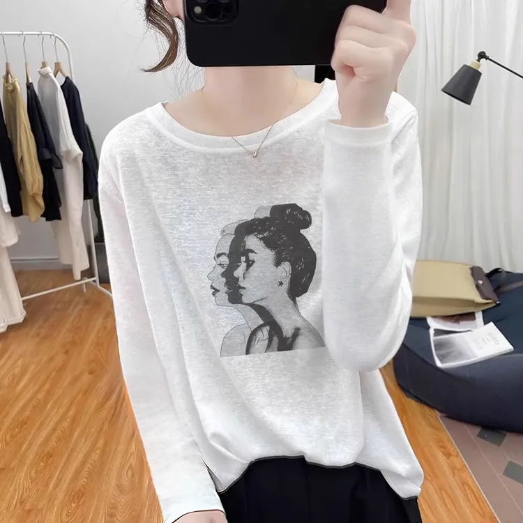 雪花棉棉麻秋装T恤女正肩上衣夏圆领宽松透气打底衫复古减龄体恤