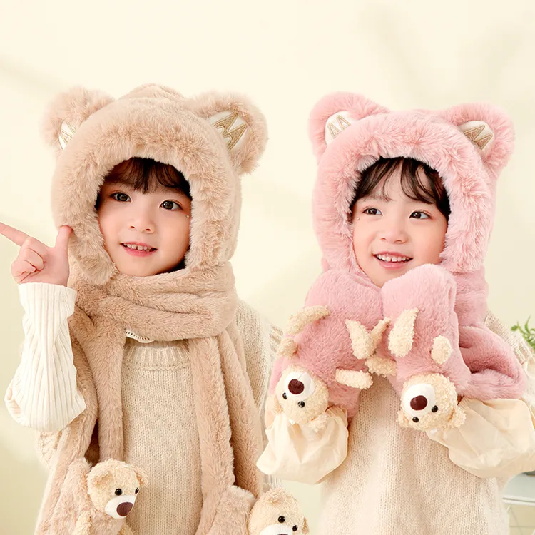 儿童帽子围巾手套三件套冬季加绒加厚女童一体帽小熊款保暖防风帽