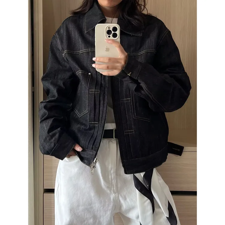 ESEWRD秋冬美式复古明线设计牛仔外套女宽松休闲通勤百搭夹克上衣