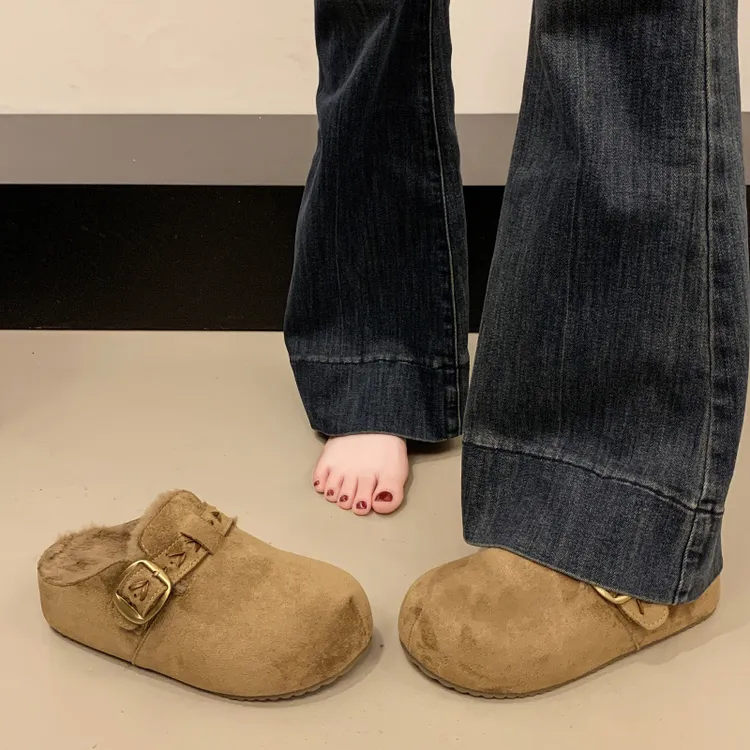 女款秋冬勃肯拖鞋加绒包头半拖外穿2025新款爆款厚底毛毛棉拖鞋子