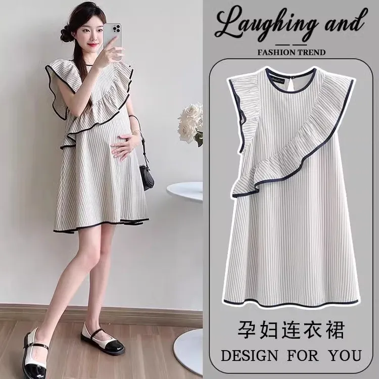 时髦孕妇装夏款2025新款时尚宽松法式荷叶边飞飞袖裙子夏季连衣裙