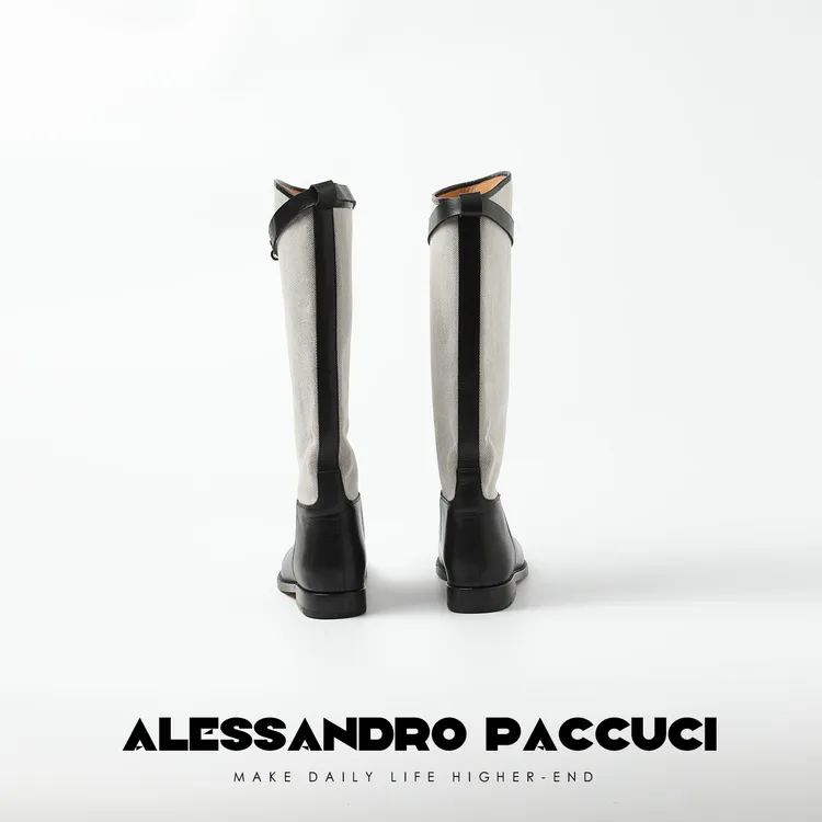 AP洛哥25035X头层小牛皮+帆布长筒时尚百搭个性低跟高帮鞋子