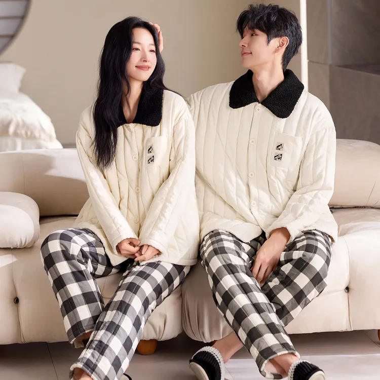 珊瑚绒三层夹棉情侣睡衣秋冬季加厚保暖长袖开衫家居服可外穿套装
