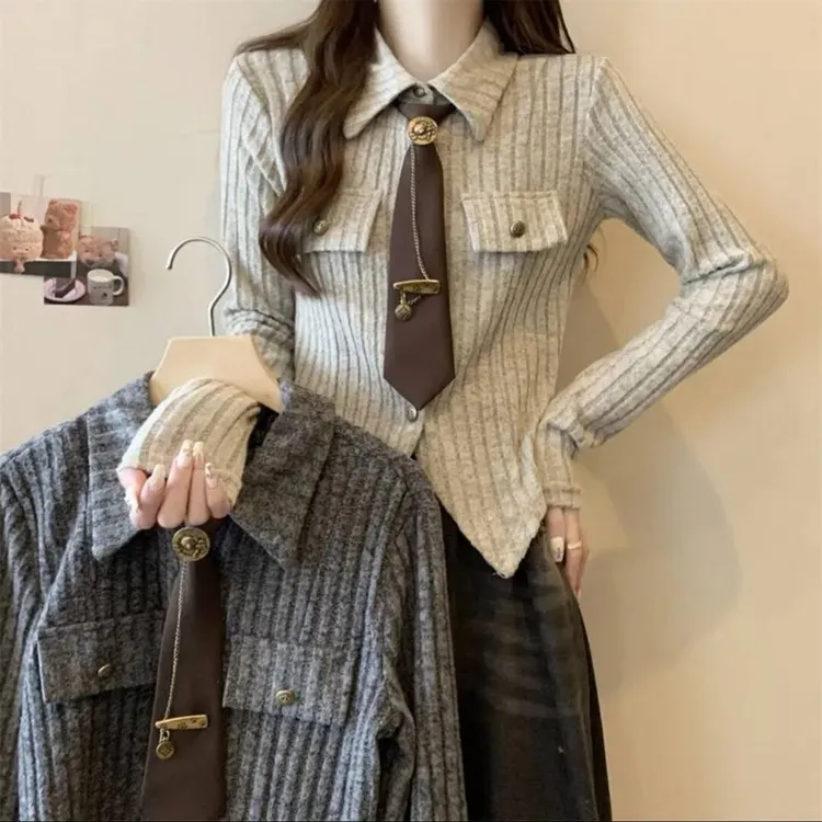 设计感别致领带学院风POLO衫修身显瘦短款衬衣甜辣妹风长袖上衣女