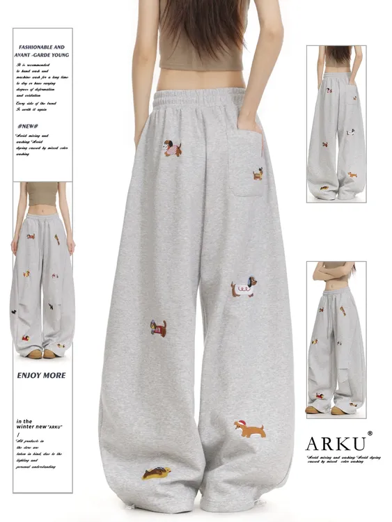 美式复古腊肠小狗刺绣弯刀卫裤女宽松慵懒风垂坠感街舞褶皱休闲裤