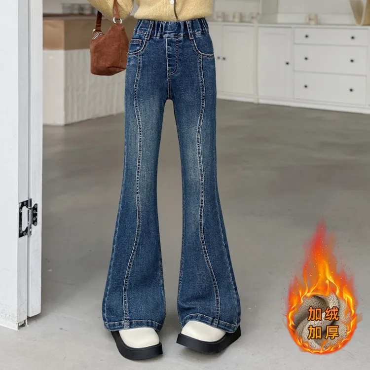 女童牛仔裤秋冬2025新款加绒洋气阔腿裤儿童冬季休闲加厚直筒裤子