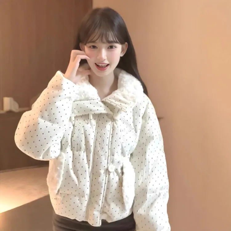 2025年韩系设计波点棉服毛领冬季甜美新款加厚宽松棉袄外套面包