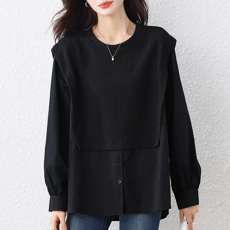 大码时尚洋气假两件衬衫女装秋新款胖妹妹减龄显瘦设计感上衣