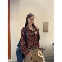 【HRG】新款韩系美式复古格子宽松长袖显白时尚BD衬衫254A3915
