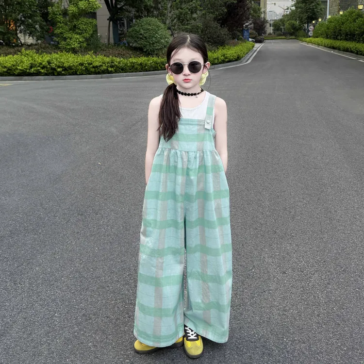 女童格子裤夏季2025新款儿童洋气甜美风宽松阔腿背带裤背心套装潮