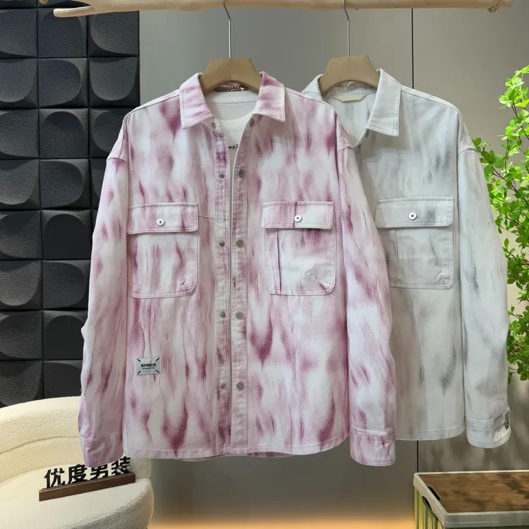 2025扎染长袖衬衫渐变男宽松休闲情侣春季潮流港风外套上衣8021