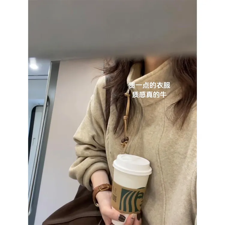 美式复古慵懒风纯色立领卫衣女秋冬加绒半拉链高级感宽松休闲外套