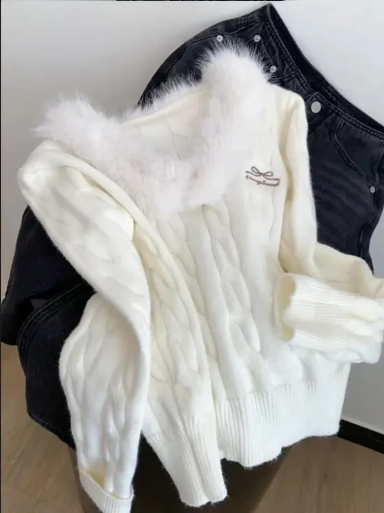 毛毛领拼接长袖针织衫女2026冬季新款辣妹风收腰显瘦百搭毛衣上衣