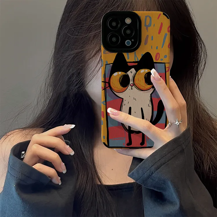 适用苹果17Pro手机壳全包防摔小羊皮高级保护套涂鸦可爱怪诞小猫