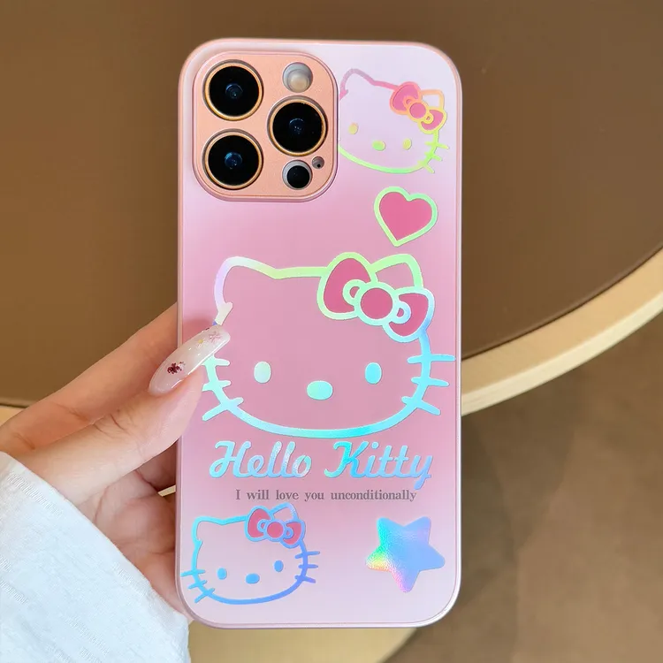 【苹果/华为/荣耀/OPPO/vivo/小米】粉色猫咪适用炫彩镭射女手机壳