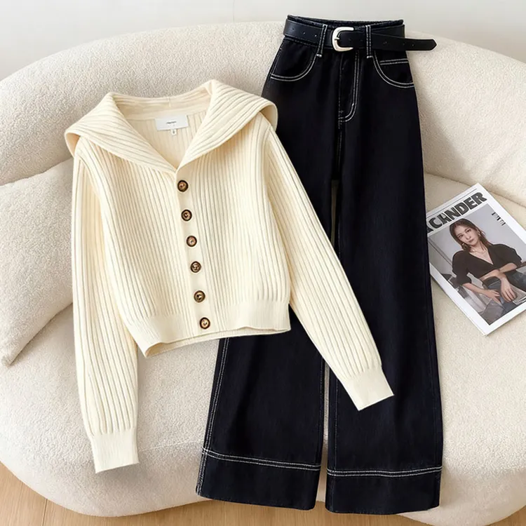 高级感洋气长袖针织衫上衣女款秋季新款高腰小个子减龄裤子两件套
