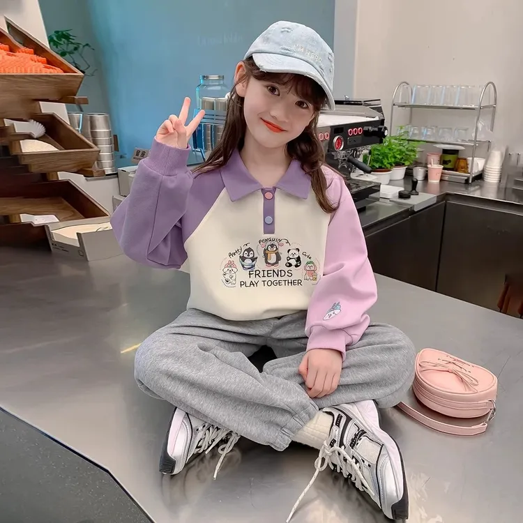女童加绒卫衣2025春秋新款洋气小女孩休闲撞色上衣秋季翻领POLO衫