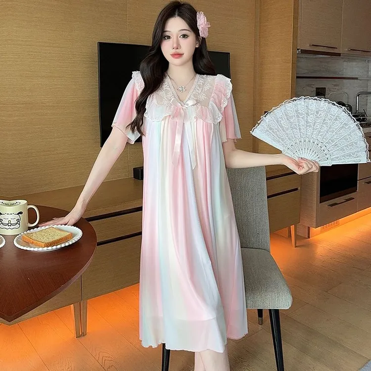 【小美慧】夏季V领彩虹印花蕾丝网纱短袖中长款胸垫睡裙家居服女