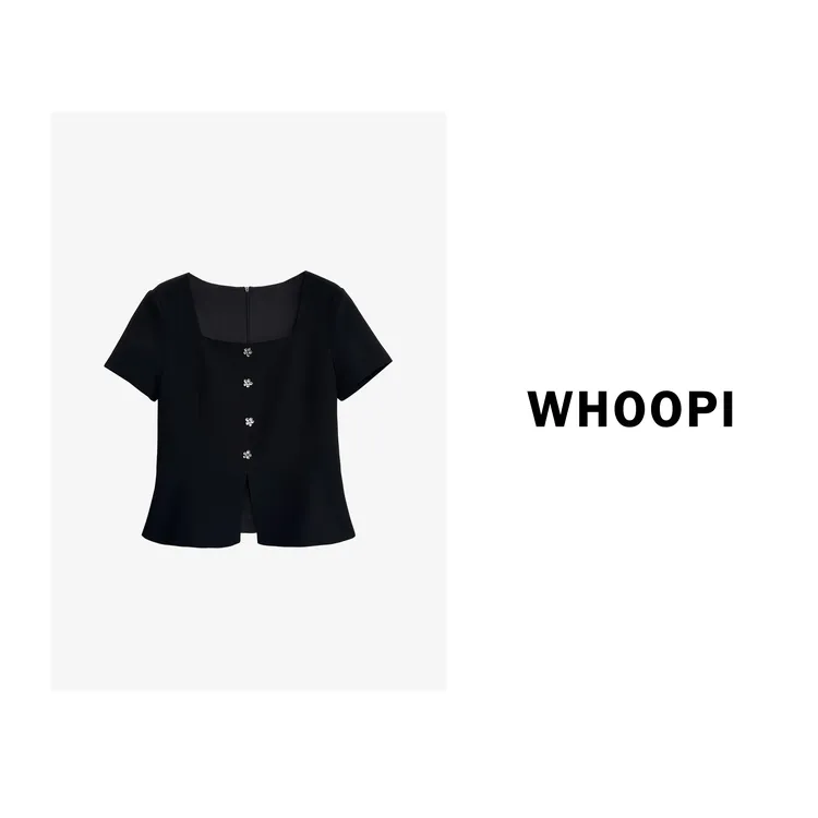 【Whoopi】【缪式摩登】静奢风方领短袖荷叶边收腰上衣